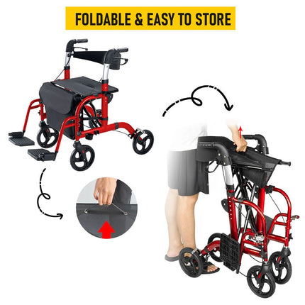 2-in-1 Foldable Aluminium Rollator Walker with Seat, Adjustable Handles, 8" All-Terrain Wheels, Detachable Storage Bag, 136kg Capacity, Lightweight Walking Frame for Indoor & Outdoor Use