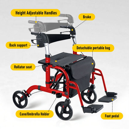 2-in-1 Foldable Aluminium Rollator Walker with Seat, Adjustable Handles, 8" All-Terrain Wheels, Detachable Storage Bag, 136kg Capacity, Lightweight Walking Frame for Indoor & Outdoor Use