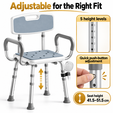 Height Adjustable Shower Chair with Arms & Back, Aluminium Bathroom Seat, 136kg Capacity