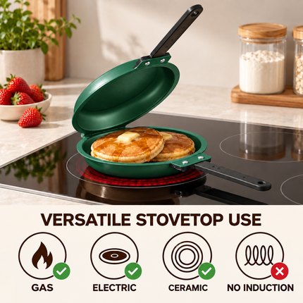 Double-Sided Non-Stick Frying Pan, Flip Pancake Pan with Heat-Resistant Handle for Eggs, Pancakes & Toast, Gas Electric & Ceramic Stoves-Green