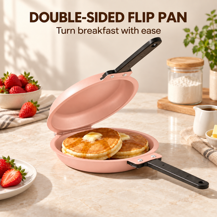 Double-Sided Non-Stick Frying Pan, Flip Pancake Pan with Heat-Resistant Handle for Eggs, Pancakes & Toast, Gas Electric & Ceramic Stoves-Pink