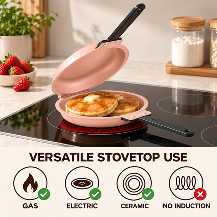 Double-Sided Non-Stick Frying Pan, Flip Pancake Pan with Heat-Resistant Handle for Eggs, Pancakes & Toast, Gas Electric & Ceramic Stoves-Pink