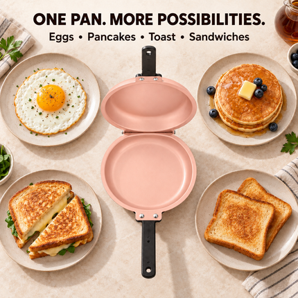 Double-Sided Non-Stick Frying Pan, Flip Pancake Pan with Heat-Resistant Handle for Eggs, Pancakes & Toast, Gas Electric & Ceramic Stoves-Pink
