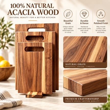3Pcs Wooden Cutting Board Set with Storage Stand, Chopping Boards for Kitchen Food Preparation