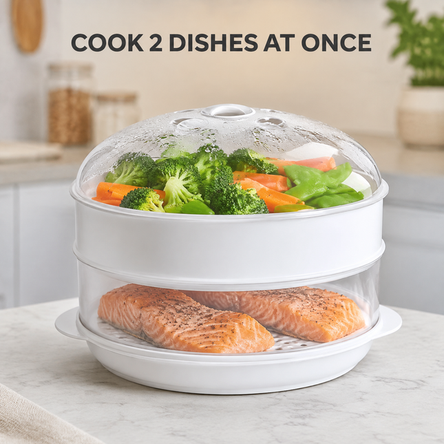 2 Tier Microwave Food Steamer 21cm, Oil-Free Cooking, Food Grade PP, Cooks Two Dishes at Once