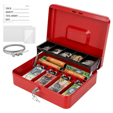Lockable Metal Cash Box with 2 Keys, 4 Bill & 5 Coin Tray, Security Money Box with Anti-Loss Rope