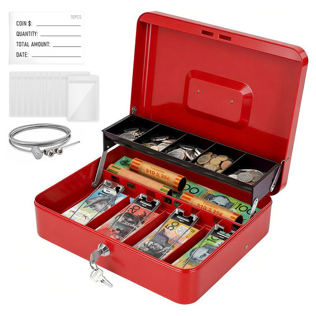Lockable Metal Cash Box with 2 Keys, 4 Bill & 5 Coin Tray, Security Money Box with Anti-Loss Rope