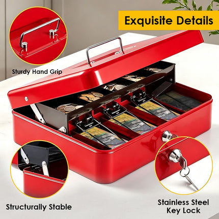 Lockable Metal Cash Box with 2 Keys, 4 Bill & 5 Coin Tray, Security Money Box with Anti-Loss Rope