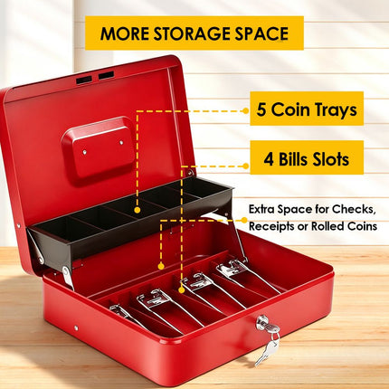 Lockable Metal Cash Box with 2 Keys, 4 Bill & 5 Coin Tray, Security Money Box with Anti-Loss Rope