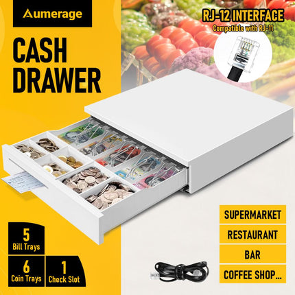 Heavy Duty Metal Cash Drawer, 5 Note & 6 Coin Trays,White(40.5x42x11.2cm)