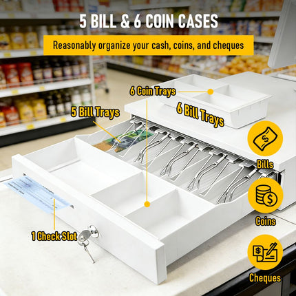 Heavy Duty Metal Cash Drawer, 5 Note & 6 Coin Trays,White(40.5x42x11.2cm)