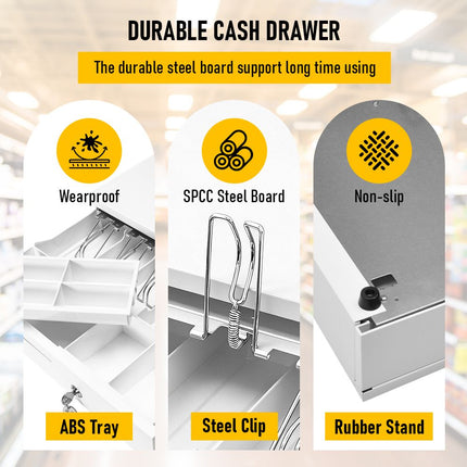 Heavy Duty Metal Cash Drawer, 5 Note & 6 Coin Trays,White(40.5x42x11.2cm)