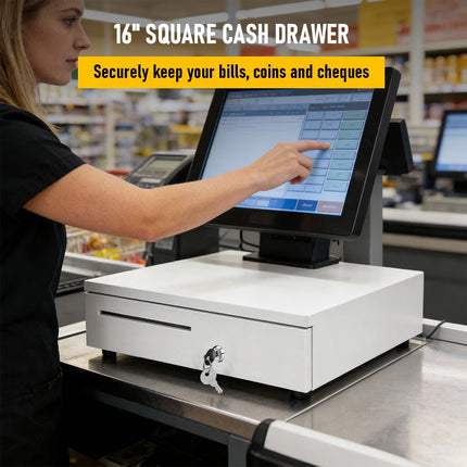Heavy Duty Metal Cash Drawer, 5 Note & 6 Coin Trays,White(40.5x42x11.2cm)