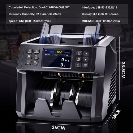 Dual CIS Money Counter with Counterfeit Detection, Mixed Value Bill Counter, 14 Currency Cash Counting Machine with Serial Number Reading, UV MG IR MT Detection, 3.5" TFT Display, AUD USD EUR GBP CNY