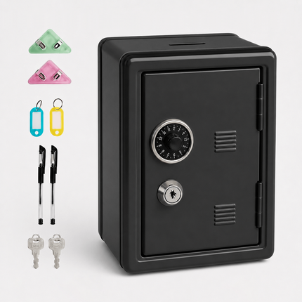 Lockable Metal Money Box, Cash & Coin Storage Box with Key Lock, Compact Piggy Bank for For Kids & Adults, Office & Small Valuables-Black