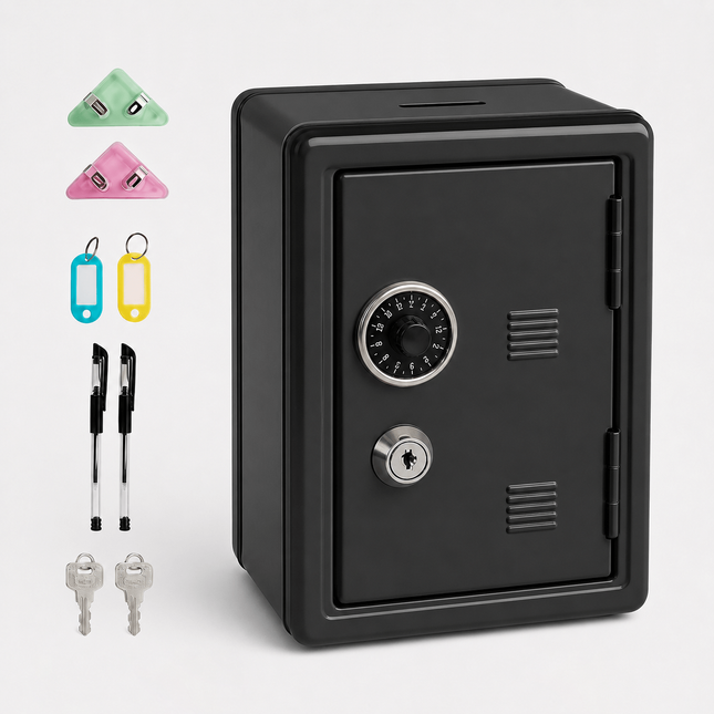 Lockable Metal Money Box, Cash & Coin Storage Box with Key Lock, Compact Piggy Bank for For Kids & Adults, Office & Small Valuables-Black