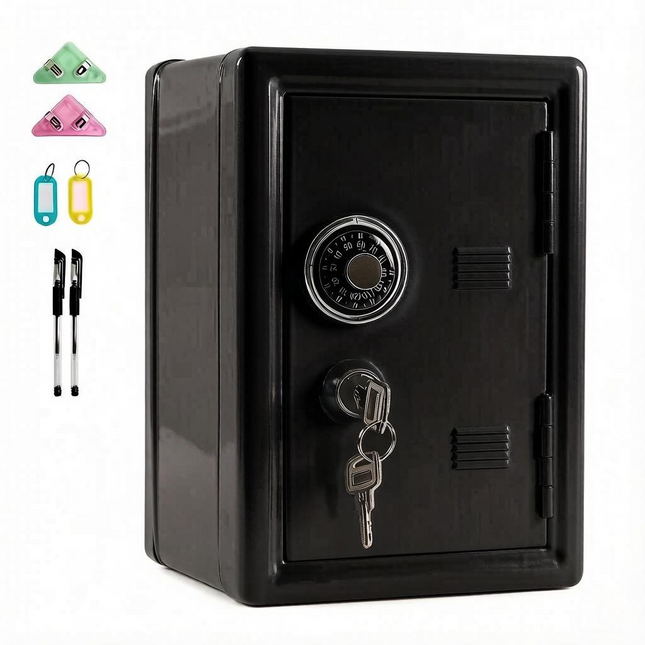 Lockable Metal Money Box, Cash & Coin Storage Box with Key Lock, Compact Piggy Bank for For Kids & Adults, Office & Small Valuables-Black