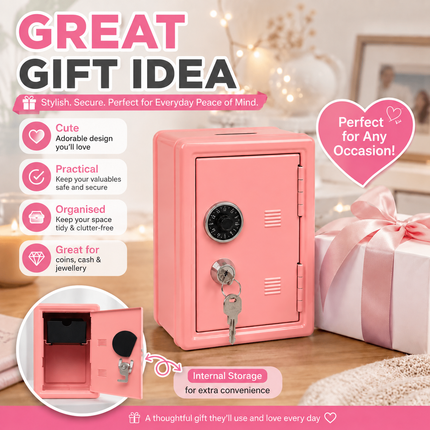 Lockable Metal Money Box, Cash & Coin Storage Box with Key Lock, Compact Piggy Bank for For Kids & Adults, Office & Small Valuables-coral pink