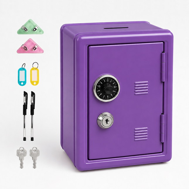 Lockable Metal Money Box, Cash & Coin Storage Box with Key Lock, Compact Piggy Bank for For Kids & Adults, Office & Small Valuables-Purple