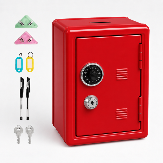Lockable Metal Money Box, Cash & Coin Storage Box with Key Lock, Compact Piggy Bank for For Kids & Adults, Office & Small Valuables-Red