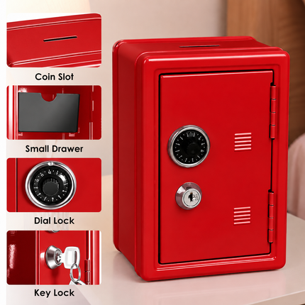 Lockable Metal Money Box, Cash & Coin Storage Box with Key Lock, Compact Piggy Bank for For Kids & Adults, Office & Small Valuables-Red