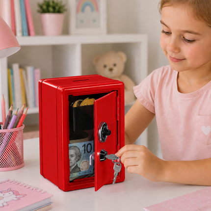 Lockable Metal Money Box, Cash & Coin Storage Box with Key Lock, Compact Piggy Bank for For Kids & Adults, Office & Small Valuables-Red
