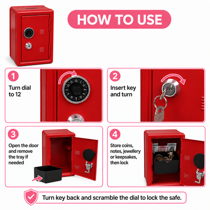 Lockable Metal Money Box, Cash & Coin Storage Box with Key Lock, Compact Piggy Bank for For Kids & Adults, Office & Small Valuables-Red
