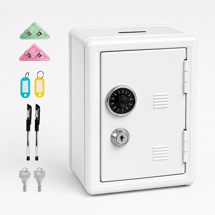Lockable Metal Money Box, Cash & Coin Storage Box with Key Lock, Compact Piggy Bank for For Kids & Adults, Office & Small Valuables-White