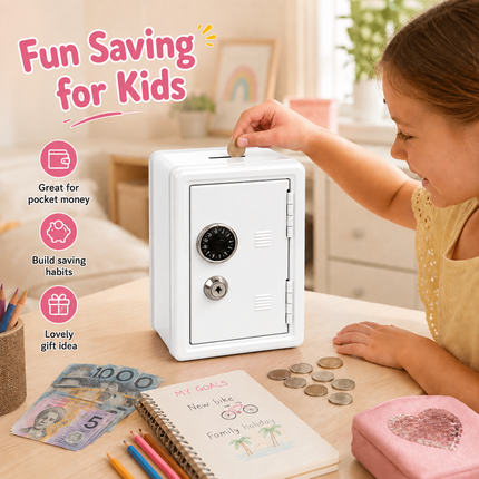 Lockable Metal Money Box, Cash & Coin Storage Box with Key Lock, Compact Piggy Bank for For Kids & Adults, Office & Small Valuables-White