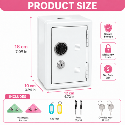 Lockable Metal Money Box, Cash & Coin Storage Box with Key Lock, Compact Piggy Bank for For Kids & Adults, Office & Small Valuables-White