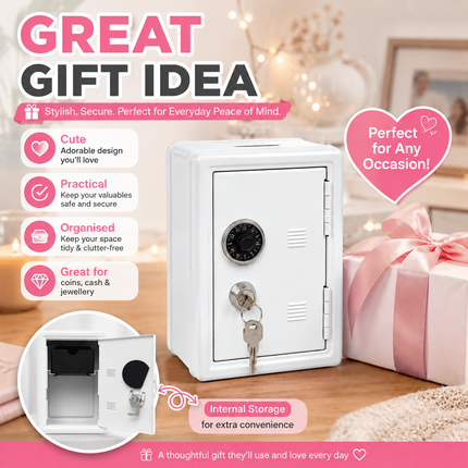 Lockable Metal Money Box, Cash & Coin Storage Box with Key Lock, Compact Piggy Bank for For Kids & Adults, Office & Small Valuables-White
