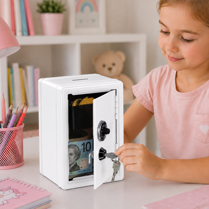Lockable Metal Money Box, Cash & Coin Storage Box with Key Lock, Compact Piggy Bank for For Kids & Adults, Office & Small Valuables-White