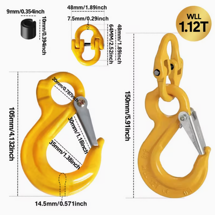 2SET 1.12T Sling Hook Heavy Duty Hammerlock/Slip Hook Kit With Swivel Winch & Safety Latch-Yellow