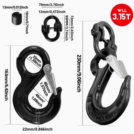 2SET 3.15T Sling Hook Heavy Duty Hammerlock/Slip Hook Kit With Swivel Winch & Safety Latch-Black