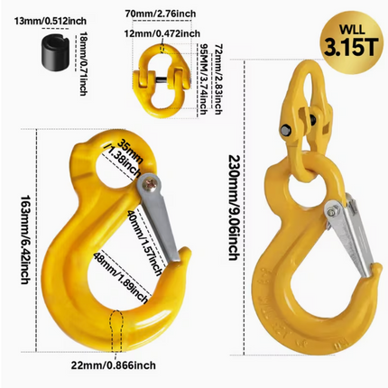 2SET 3.15T Sling Hook Heavy Duty Hammerlock/Slip Hook Kit With Swivel Winch & Safety Latch- Yellow