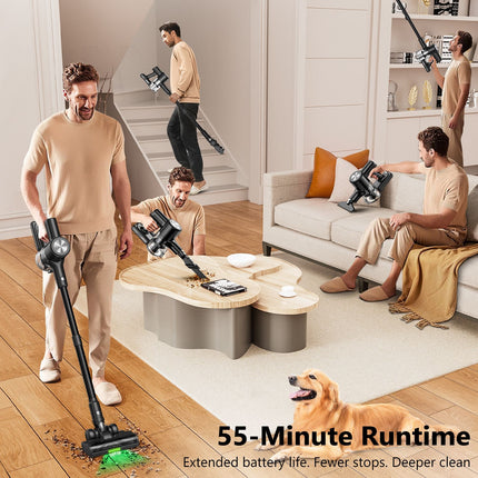 Cordless Vacuum Cleaner, 55Kpa/55Mins Vacuum Cleaners for Home. Self-Standing Stick Vacuum with Rechargeable Dock，LED Display & Anti-Tangle，Lightweight Rechargeable Vacuum for Carpet，Floor