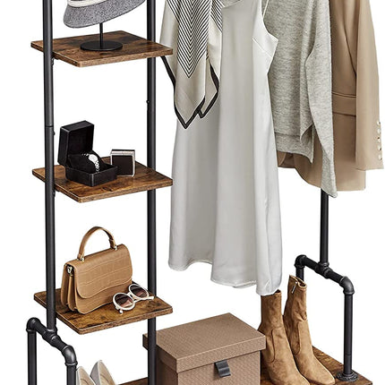 Clothing Garment Rack on Wheels with 5-Tier, Industrial Pipe Style, Rustic Brown