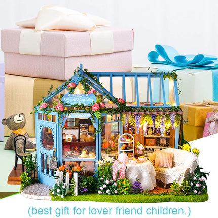 Dollhouse Miniature with Furniture Kit Plus Dust Proof and Music Movement - Rosa Garden Tea