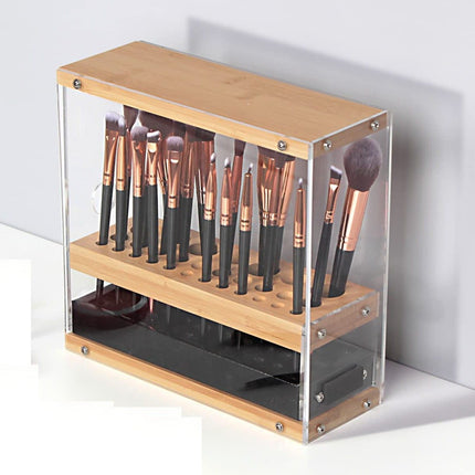 31 Holes Acrylic Bamboo Brush Holder Organiser Beauty Cosmetic Display Stand with Leather Drawer Black (22.3 x 8.6 x 21.5 cm)