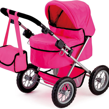 Foldable Dolls Pram with Height-Adjustable Handle and Shoulder Bag, Stable, Pink