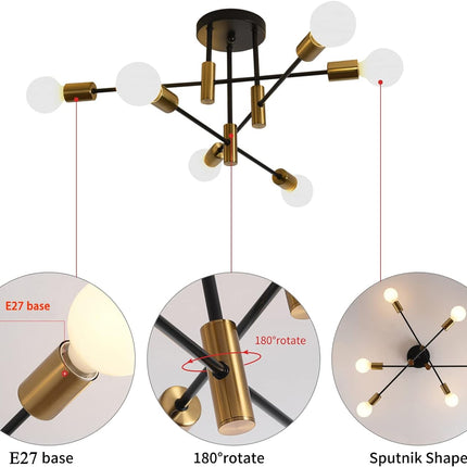 Mid Century Chandelier Modern, 6-Light , Black & Gold