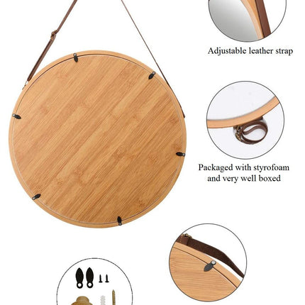 Hanging Round Wall Mirror 38 cm - Solid Bamboo Frame and Adjustable Leather Strap for Bathroom and Bedroom