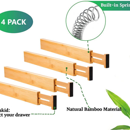 4 Pack Bamboo Adjustable Kitchen Drawer Dividers (Large, 44-55 cm)