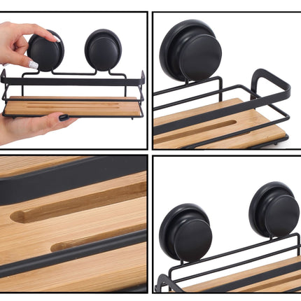 2 Pack Rectangular Bamboo Corner Shower Caddy Shelf Basket Rack with Premium Vacuum Suction Cup No-Drilling for Bathroom and Kitchen