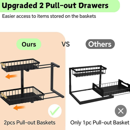 2-Tier Kitchen Under Sink Organiser Storage with Height Adjustable, Unique Slide Rail & Suction Cups for Storage