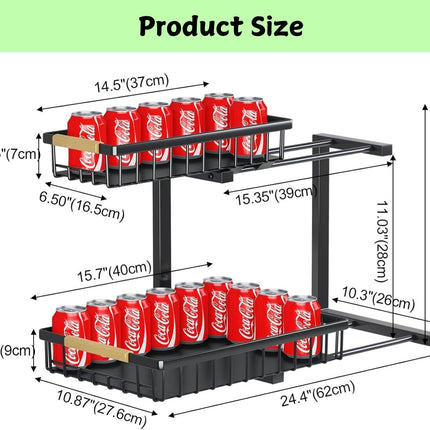 2-Tier Kitchen Under Sink Organiser Storage with Height Adjustable, Unique Slide Rail & Suction Cups for Storage