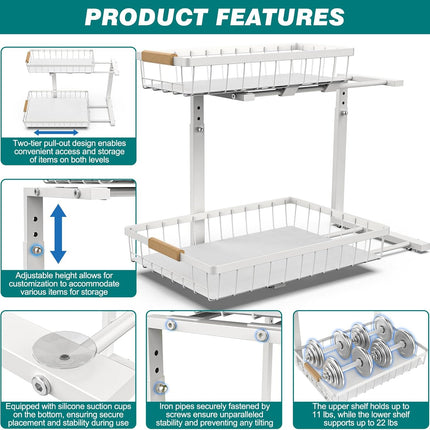 2-Tier Kitchen Under Sink Organiser Storage with Height Adjustable, Unique Slide Rail & Suction Cups for Storage