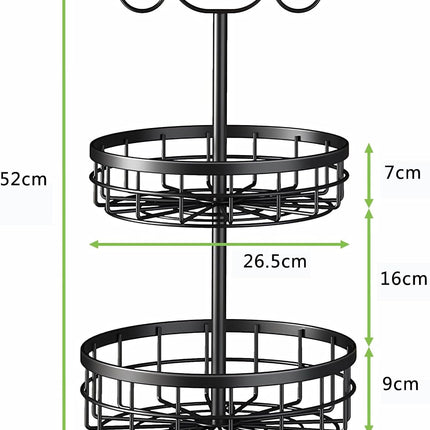 2-Tier Fruit Basket Bowl Storage with Wood Lift Handle and Dual Banana Tree Hanger for Kitchen Countertop