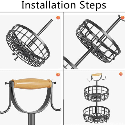 2-Tier Fruit Basket Bowl Storage with Wood Lift Handle and Dual Banana Tree Hanger for Kitchen Countertop