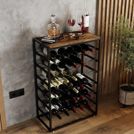 6-Tier Freestanding Wine Rack for 30 Bottles with Wood Countertop and Sturdy Metal Frame